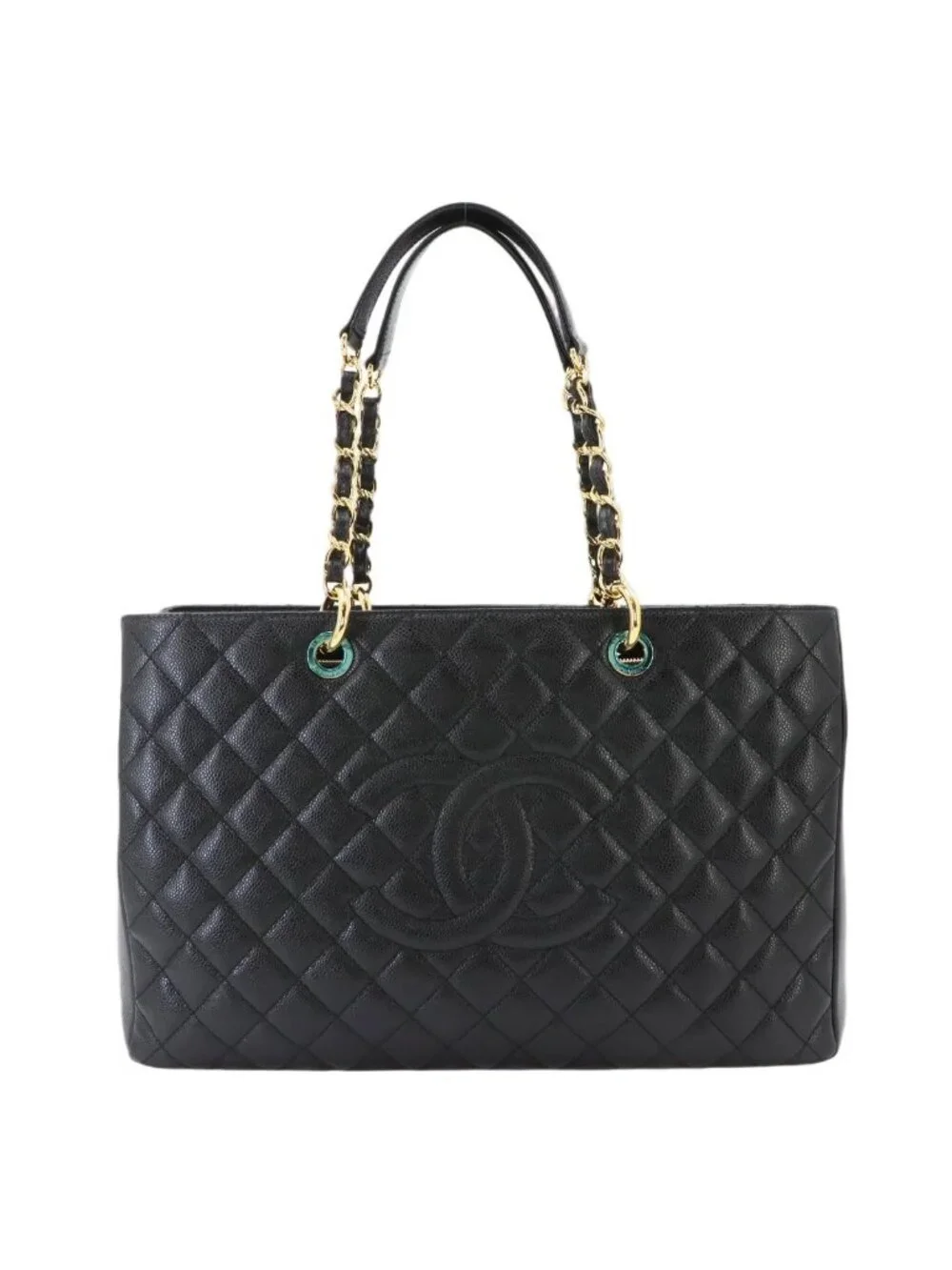 Chanel Quilted Chain Tote Bag Caviar Leather Black Gold
